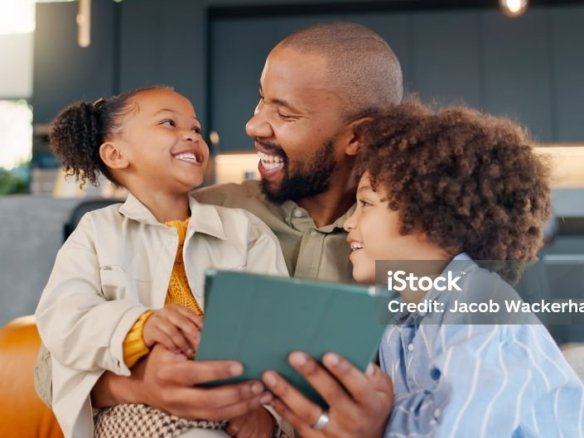 Laughing, movie and tablet with family in living room of home for bonding, entertainment or love. App, social media or streaming with happy father and children in apartment for subscription service